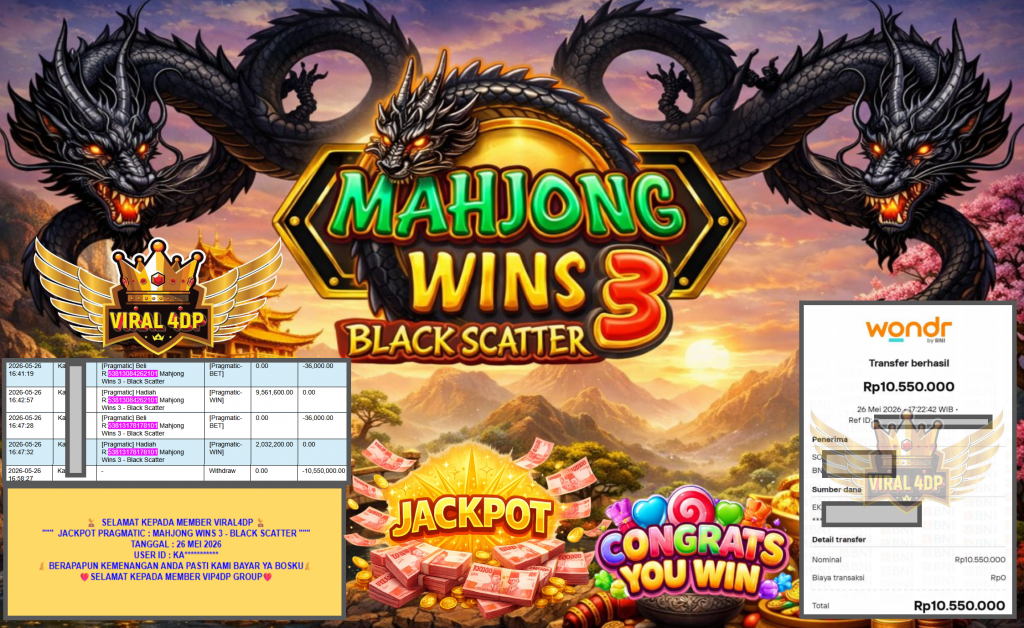 VIRAL4DP JACKPOT PRAGMATIC ”MAHJONG WINS 3 – BLACK SCATTER” Rp10.550.000,- LUNAS