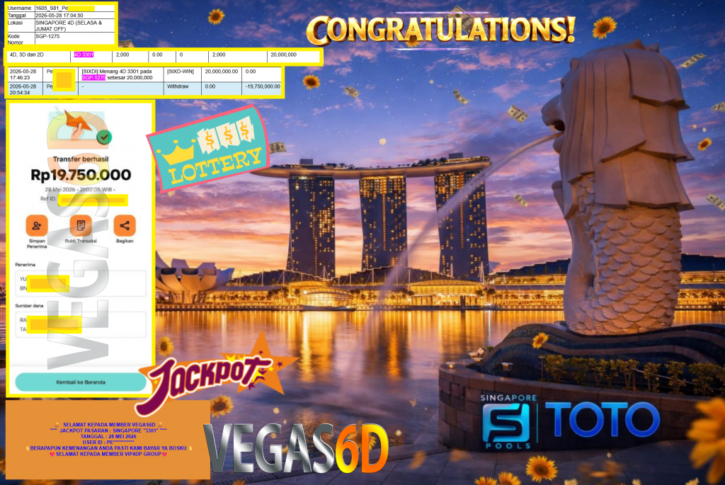 VEGAS6D JACKPOT PASARAN ” SINGAPORE 3301″ ” Rp19.750.000,- LUNAS