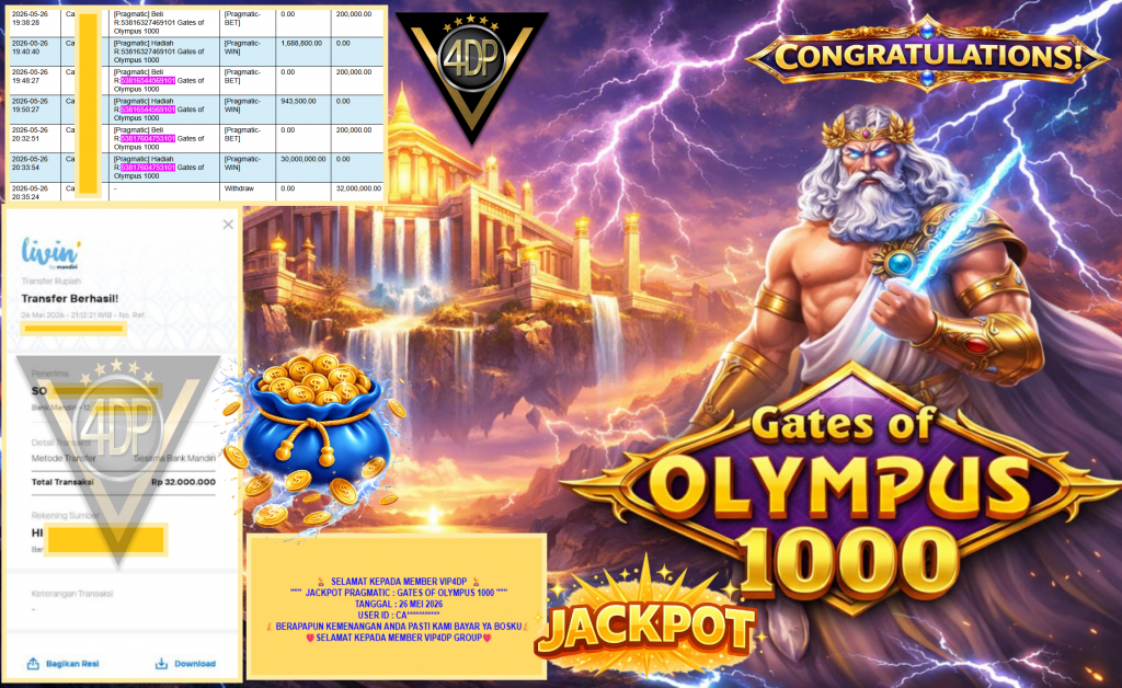 VIP4DP JACKPOT PRAGMATIC ”GATES OF OLYMPUS 1000” Rp32.000.000,- LUNAS