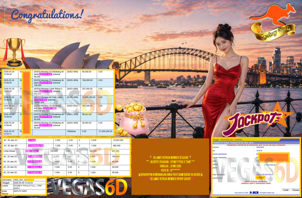 VEGAS6D JACKPOT PASARAN β SYDNEY POOLS 5446 β Rp21.000.000,- LUNAS