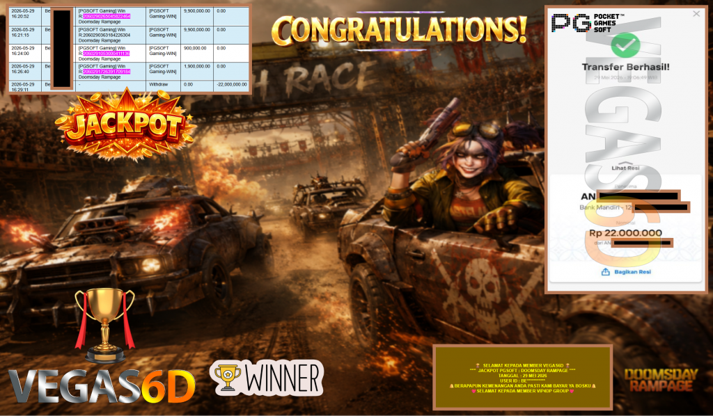 VEGAS6D JACKPOT PGSOFT ” DOOMSDAY RAMPAGE ” Rp22.000.000,- LUNAS