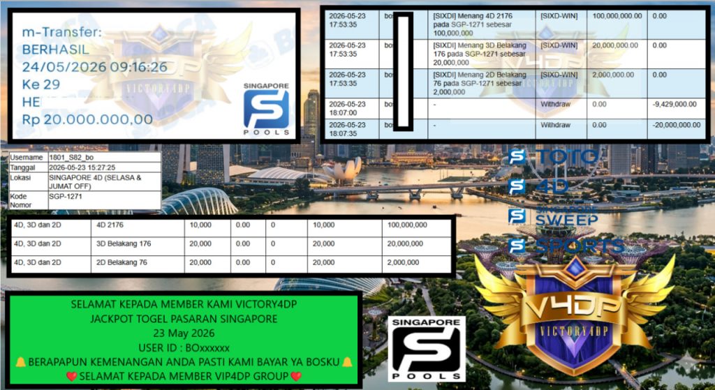 VICTORY4DP JACKPOT TOGEL PASARAN SINGAPORE Rp 71.000.000,- LUNAS