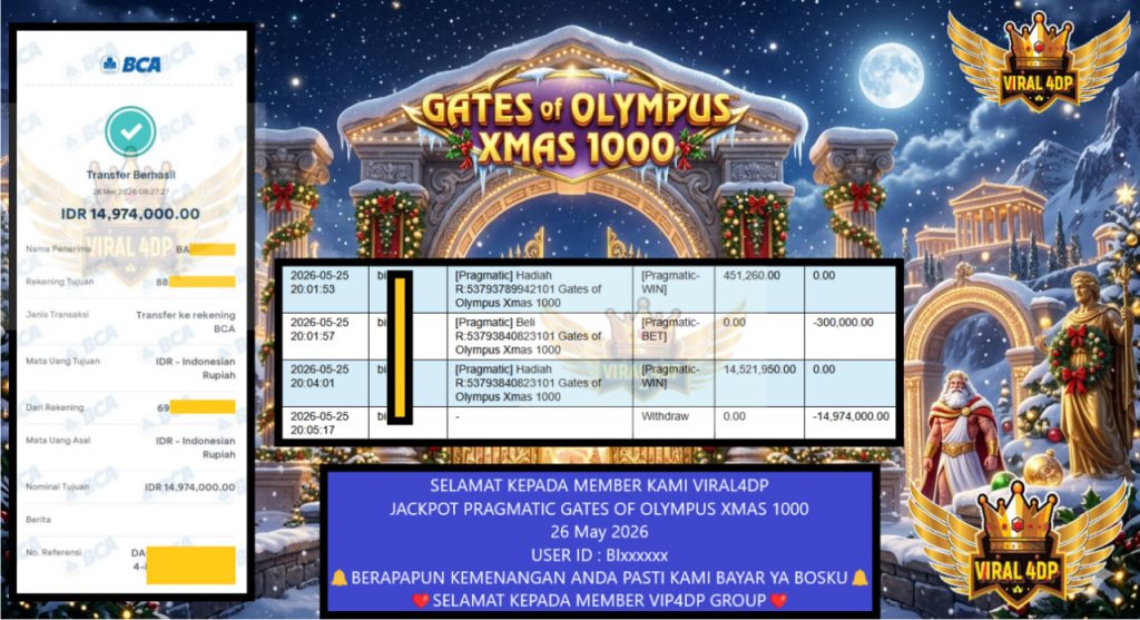VIRAL4DP JACKPOT PRAGMATIC GATES OF OLYMPUS XMAS 1000 Rp 14.974.000,- LUNAS