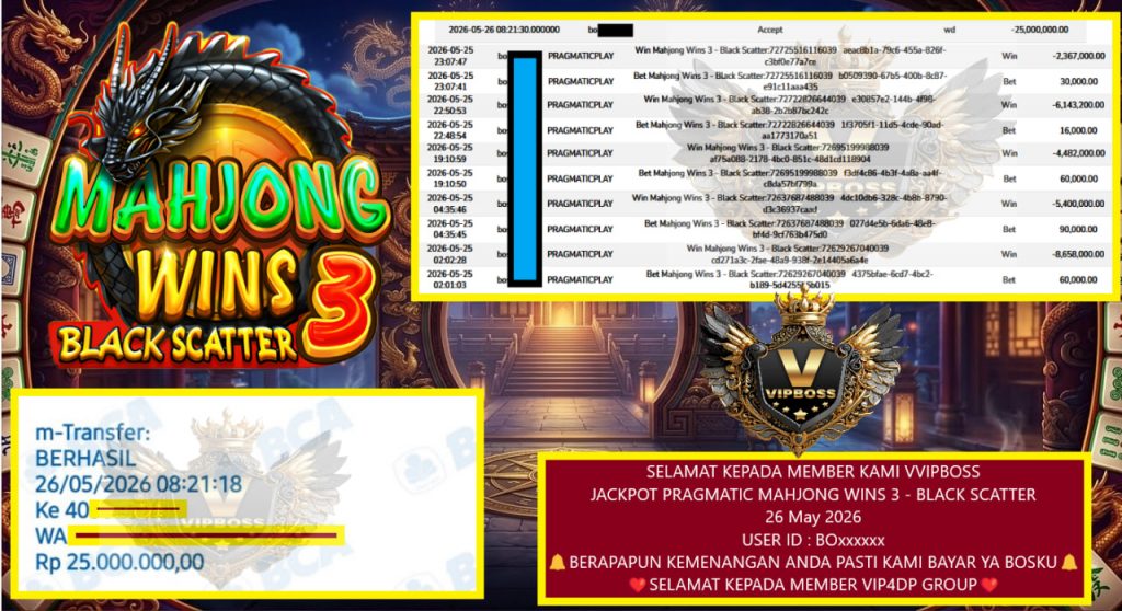 VVIPBOSS JACKPOT PRAGMATIC MAHJONG WINS 3 – BLACK SCATTER Rp 25.000.000,- LUNAS