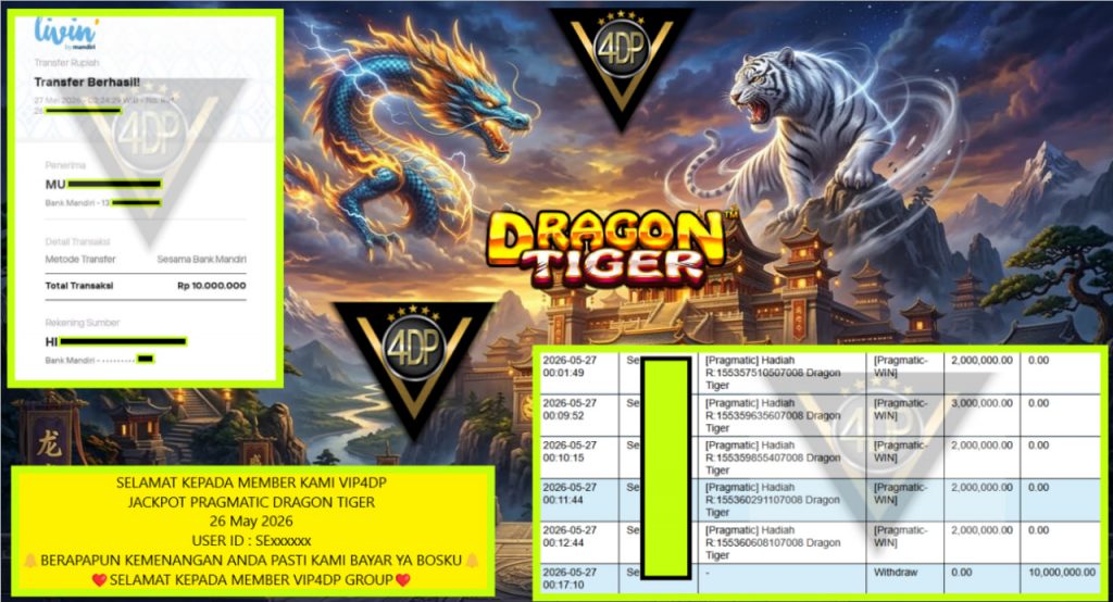 VIP4DP JACKPOT PRAGMATIC DRAGON TIGER Rp 10.000.000,- LUNAS