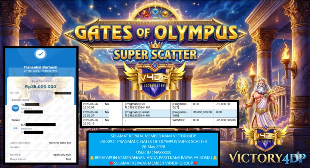 VICTORY4DP JACKPOT PRAGMATIC GATES OF OLYMPUS SUPER SCATTER Rp 35.000.000,- LUNAS