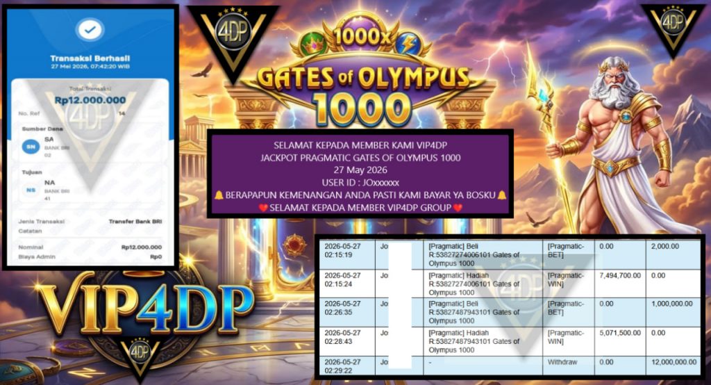 VIP4DP JACKPOT PRAGMATIC GATES OF OLYMPUS 1000 Rp 12.000.000,- LUNAS