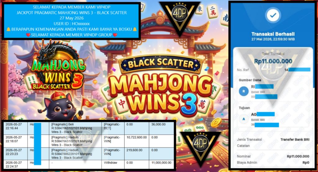 VIP4DP JACKPOT PRAGMATIC MAHJONG WINS 3 – BLACK SCATTER Rp 11.000.000,- LUNAS
