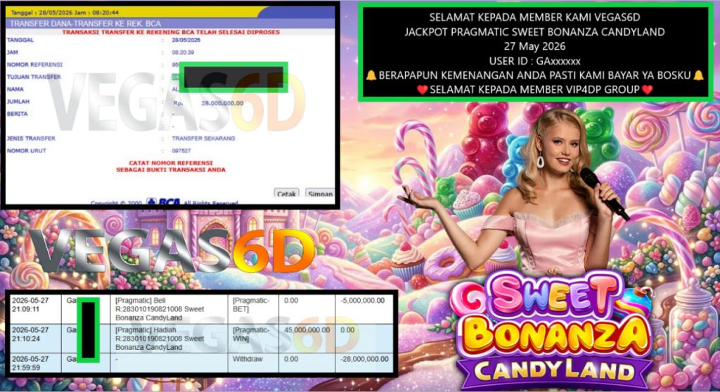 VEGAS6D JACKPOT PRAGMATIC SWEET BONANZA CANDYLAND Rp 28.000.000,- LUNAS
