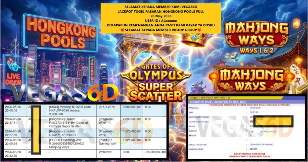 VEGAS6D JACKPOT TOGEL PASARAN HONGKONG POOLS FULL Rp 15.000.000,- LUNAS